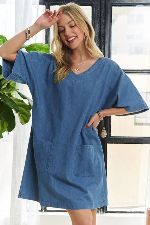 ADORA V-Neck Half Sleeve Mini Denim Dress | Lola Mariee