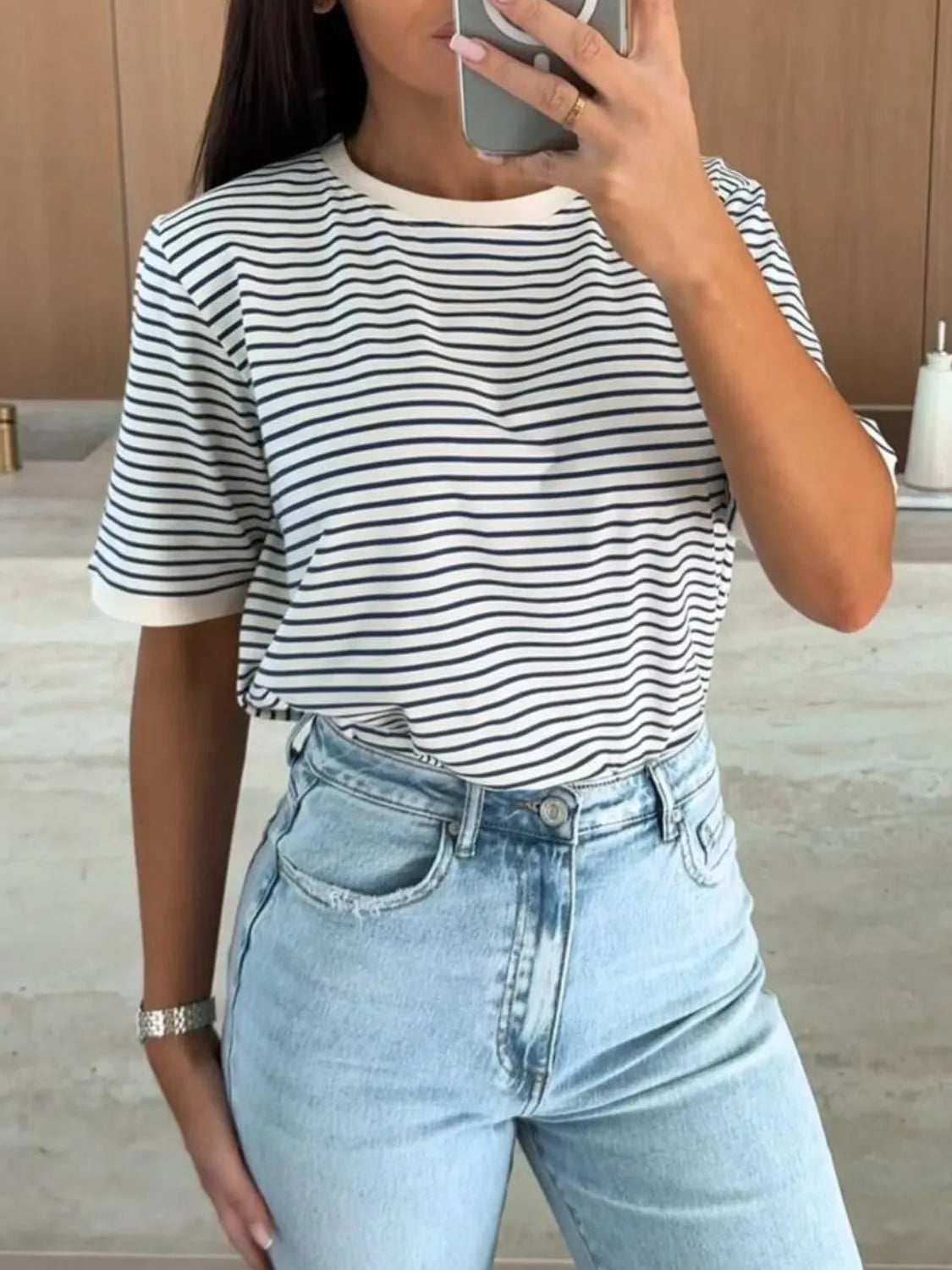 Striped Round Neck Short Sleeve T-Shirt – view 10 | Lola Mariee