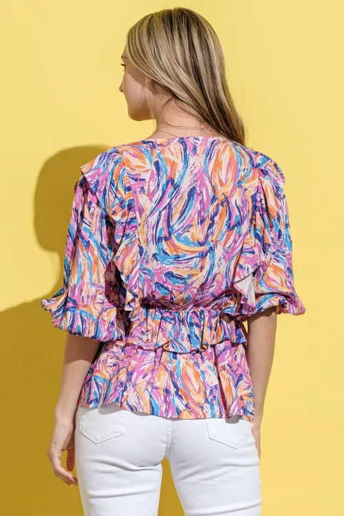 And The Why Printed Lantern Sleeve Blouse – view 2 | Lola Mariee