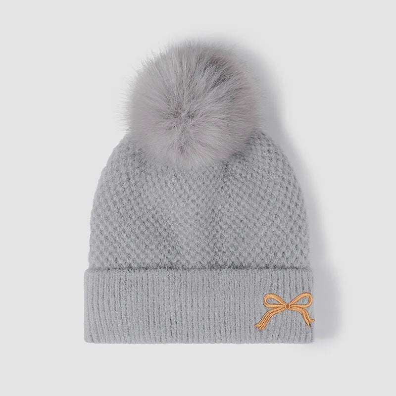Thermal Bow Knit Hat with Pompom – view 3 | Lola Mariee
