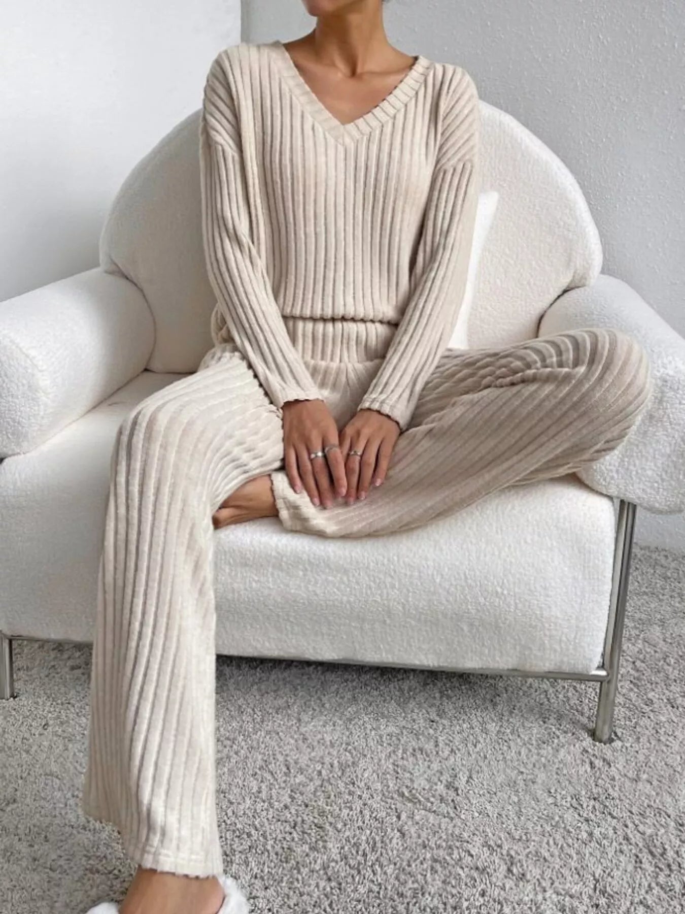 Ribbed Knit V-Neck Top and Pants Set | Lola Mariee