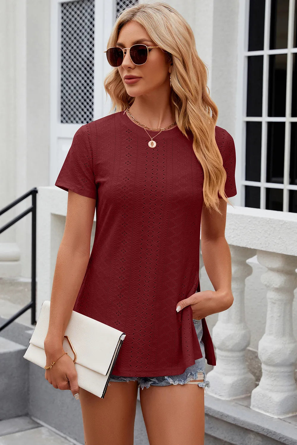 Eyelet Slit Round Neck Short Sleeve T-Shirt - Trendsi | Lola Mariee