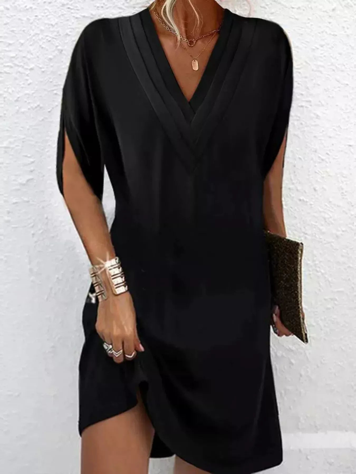 Full Size V-Neck Slit Sleeve Mini Dress Plus Size – view 4 | Lola Mariee