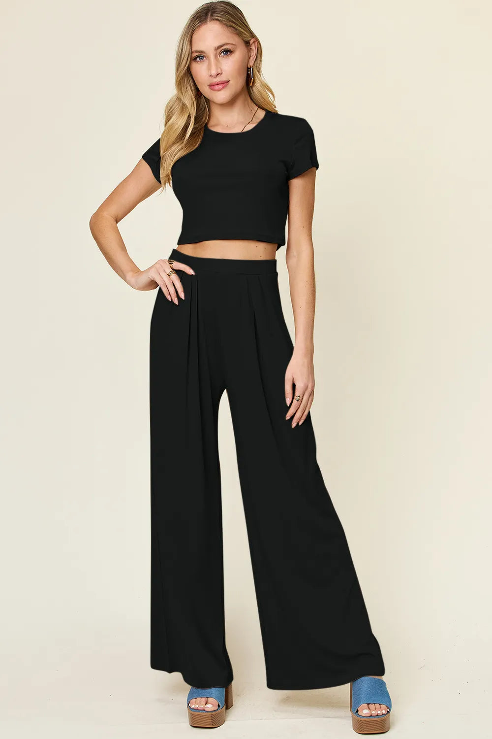 Double Take Full Size Round Neck Top and Pants Set - women's top at Lola Mariee boutique
