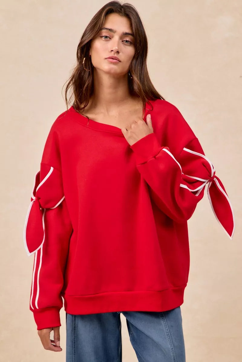 BiBi Bow Detail Sleeves Fleece Sweatshirt - Trendsi | Lola Mariee