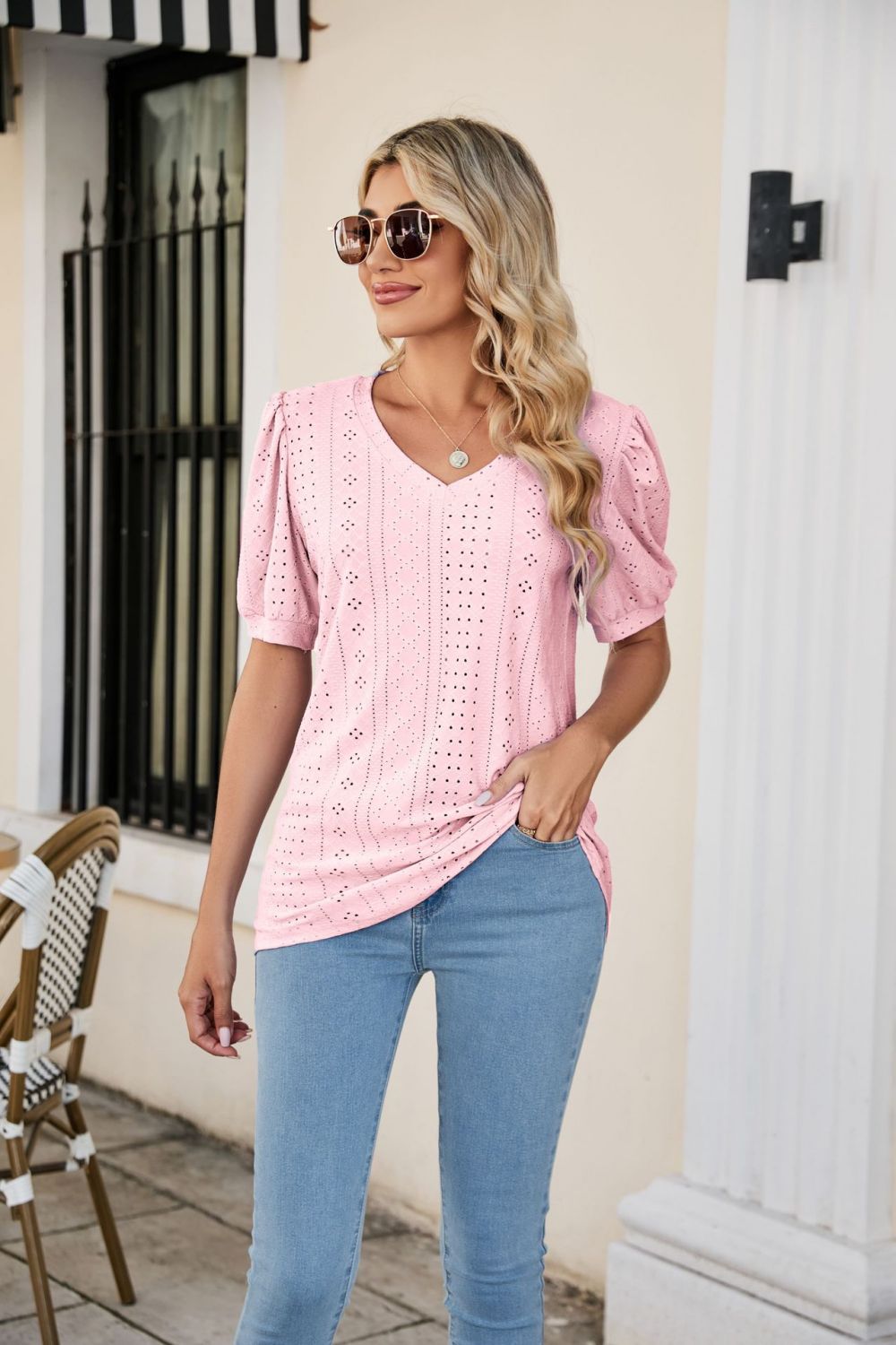 Eyelet Puff Sleeve V-Neck Top - Trendsi | Lola Mariee