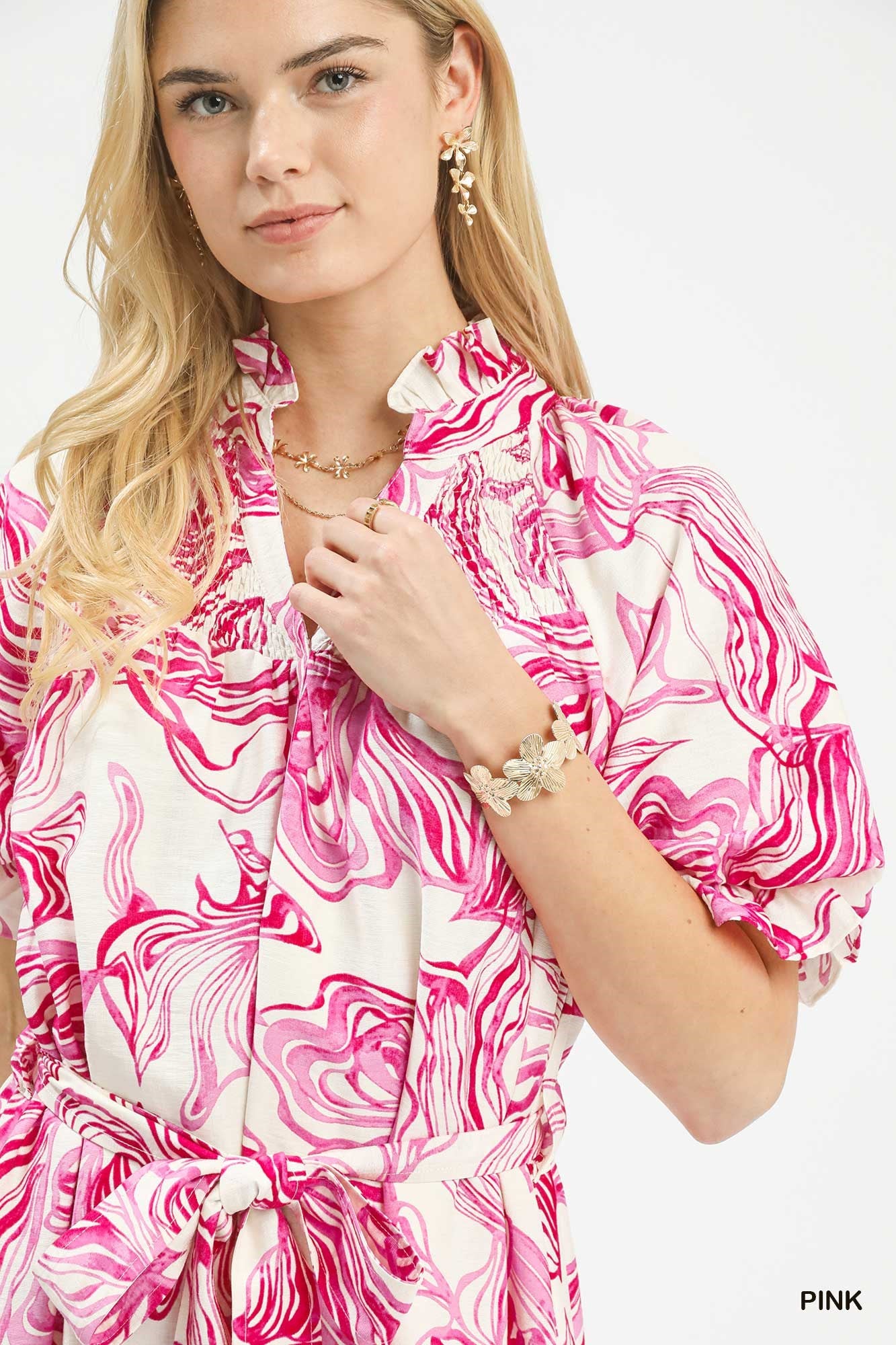 Umgee Abstract Print Smocked Tie Waist Midi Dress - Trendsi | Lola Mariee
