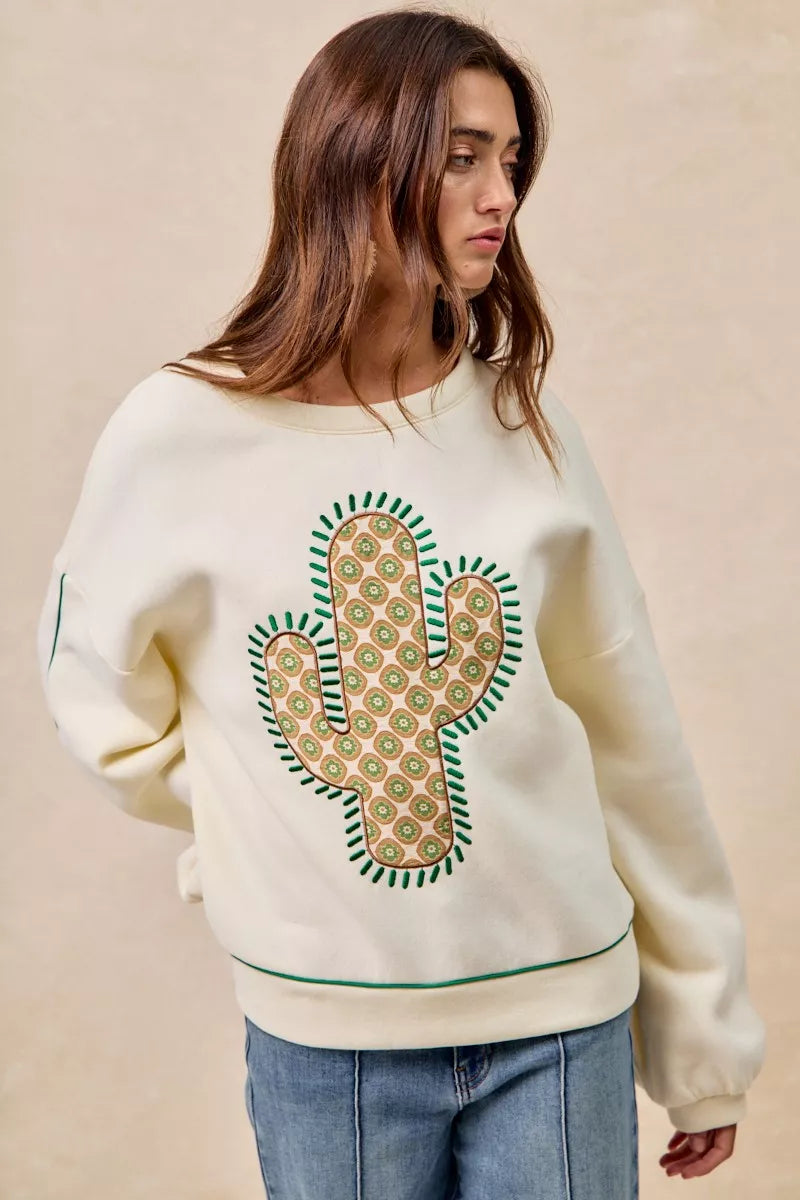 BiBi Cactus Embroidered Fleece Sweatshirt - Trendsi | Lola Mariee
