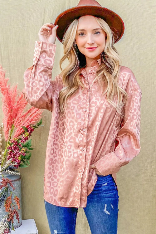 And The Why Satin Leopard Button Up Curved Hem Shirt | Lola Mariee