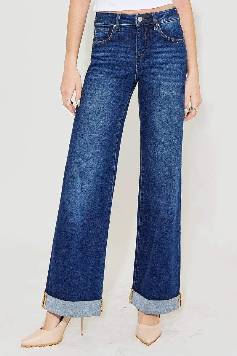 RISEN Full Size Tummy Control High Rise Wide Leg Cuffed Jeans Plus Size - women's bottoms at Lola Mariee boutique