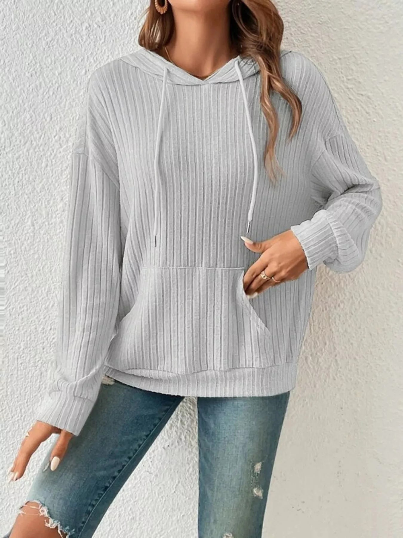 Casual Ribbed Knit Drawstring Hoodie - Trendsi | Lola Mariee
