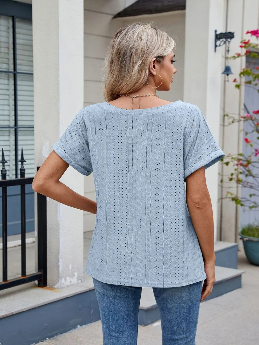 Eyelet Round Neck Short Sleeve Top - Trendsi | Lola Mariee