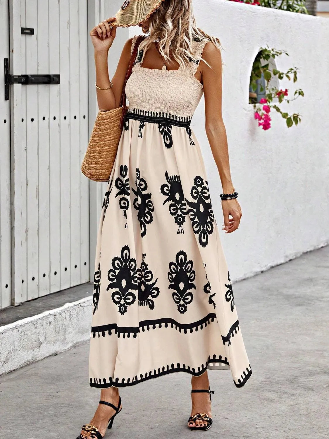 Smocked Printed Wide Strap Maxi Dress – view 6 | Lola Mariee