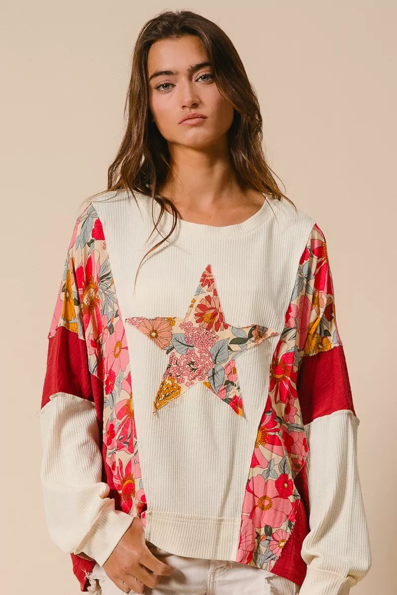 BiBi Floral Print Mixed Star Patch Round Neck Sweatshirt - Trendsi | Lola Mariee
