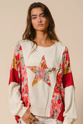 BiBi Floral Print Mixed Star Patch Round Neck Sweatshirt - Trendsi | Lola Mariee