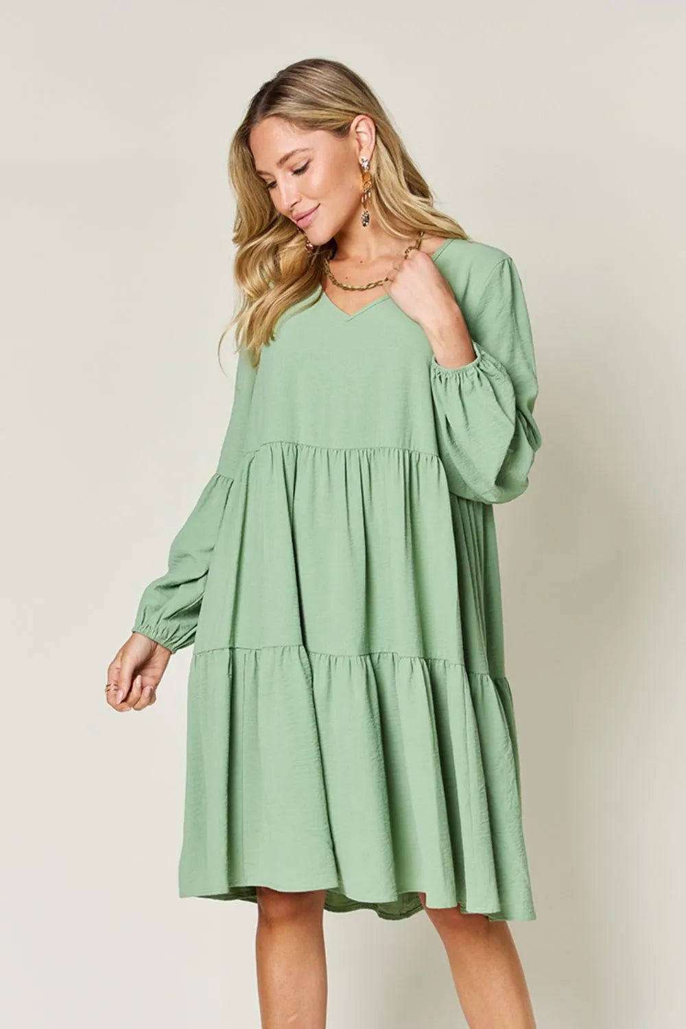 Double Take Full Size V-Neck Balloon Sleeve Tiered Dress with Pockets | Lola Mariee
