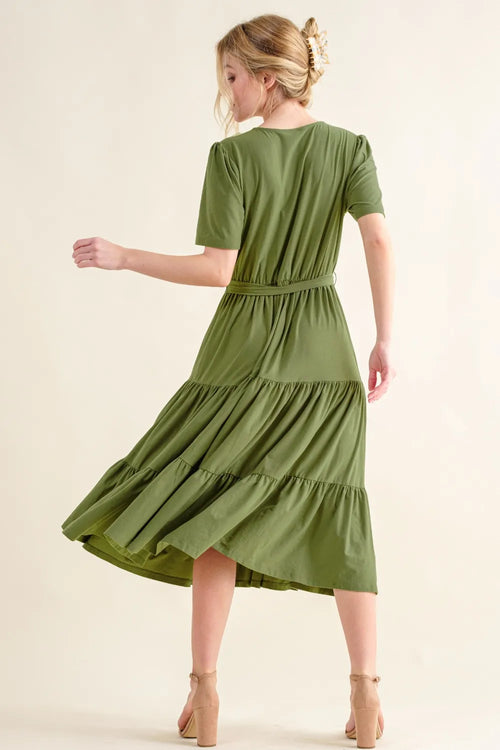 And The Why Soft Short Sleeve Tiered Midi Dress – view 2 | Lola Mariee