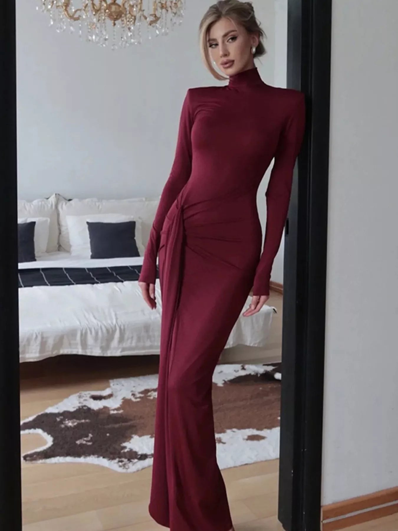 Turtleneck Long Sleeve Tie Waist Maxi Dress - Trendsi | Lola Mariee