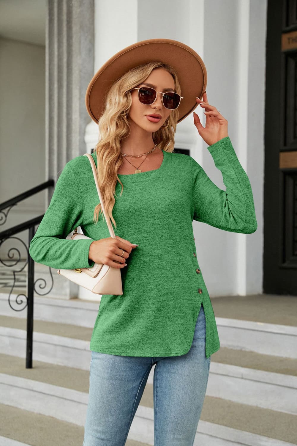 Square Neck Long Sleeve Slit T-Shirt - Trendsi | Lola Mariee