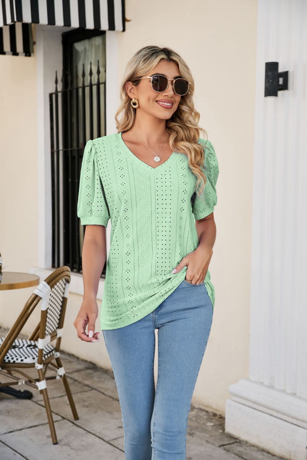 Eyelet Puff Sleeve V-Neck Top - Trendsi | Lola Mariee
