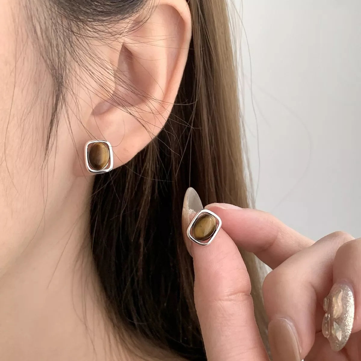 Square Tiger Eye Stud Earrings – view 7 | Lola Mariee