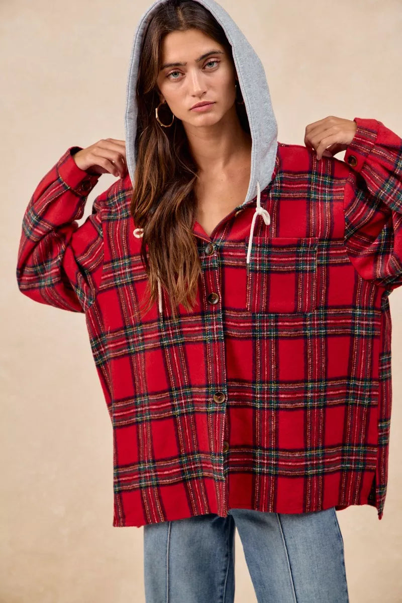 BiBi Brushed Plaid Hooded Jacket - Trendsi | Lola Mariee