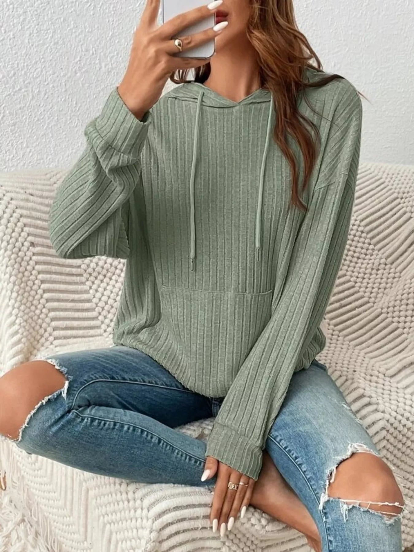 Casual Ribbed Knit Drawstring Hoodie - Trendsi | Lola Mariee