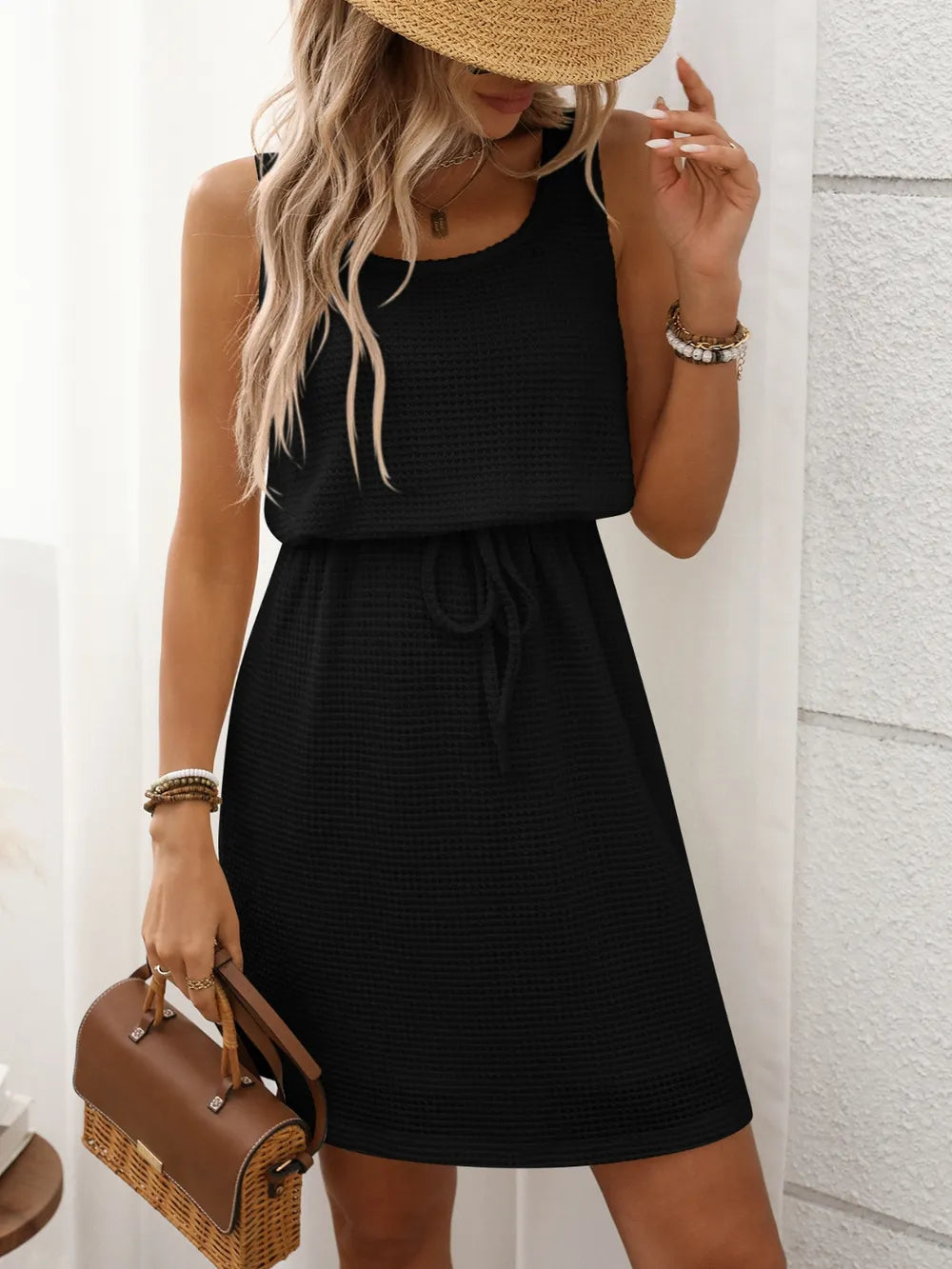 Waffle-Knit Drawstring Mini Tank Dress – view 7 | Lola Mariee