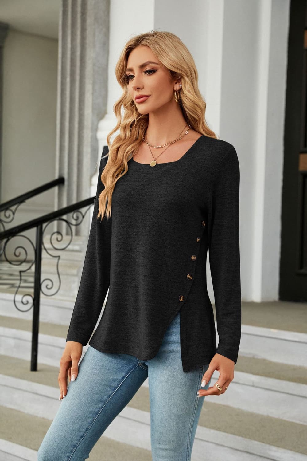 Square Neck Long Sleeve Slit T-Shirt - Trendsi | Lola Mariee