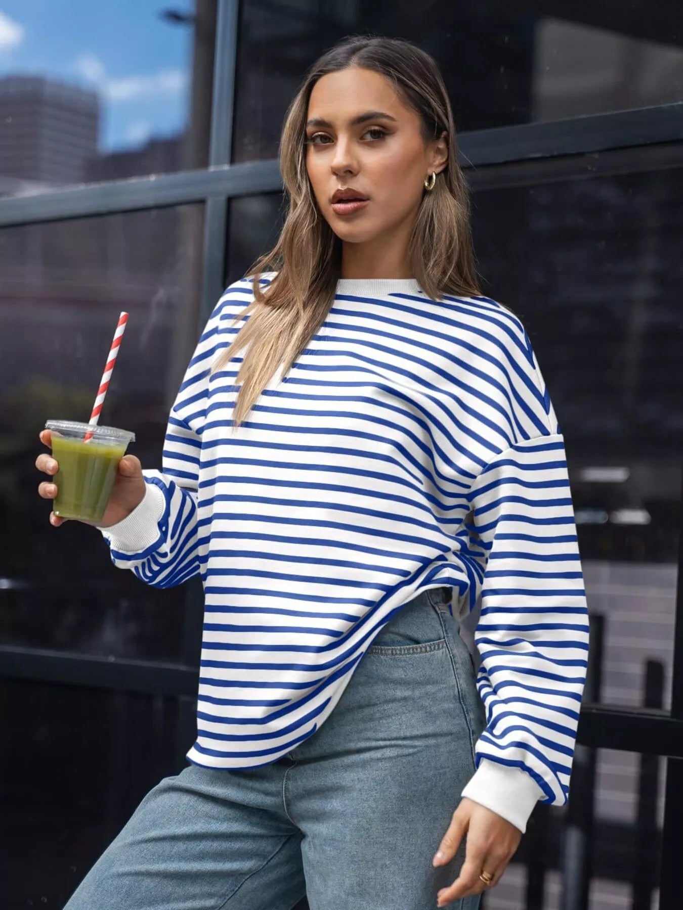 Striped Round Neck Oversized Casual Sweatshirt - Trendsi | Lola Mariee