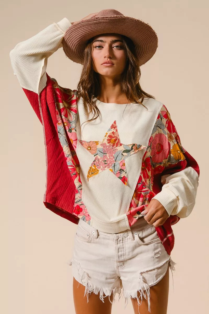 BiBi Floral Print Mixed Star Patch Round Neck Sweatshirt - Trendsi | Lola Mariee