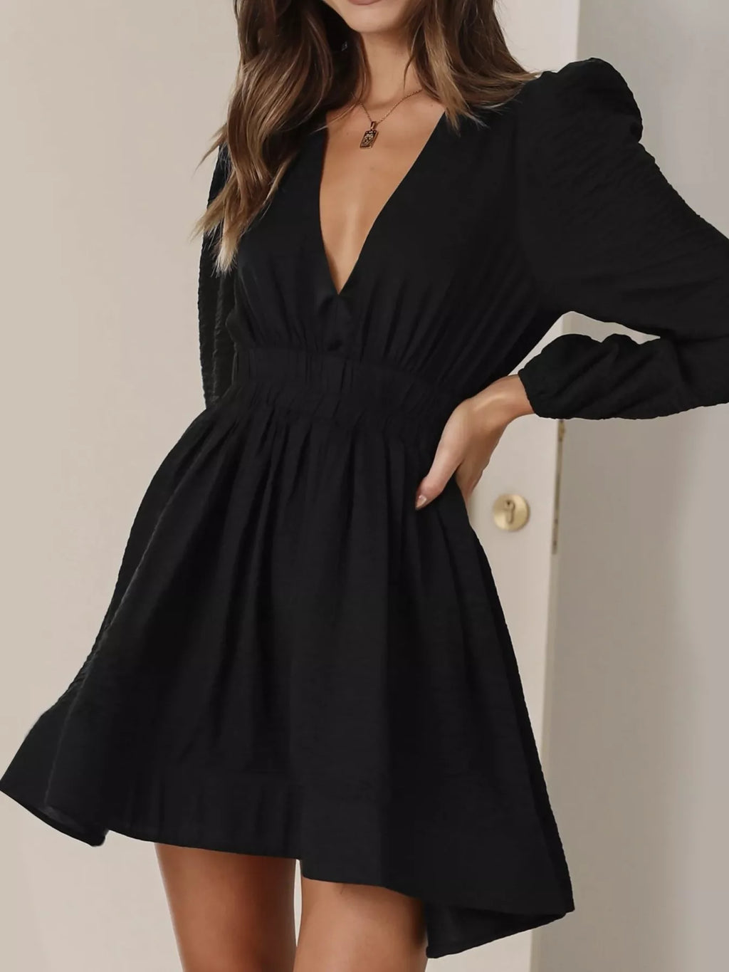 V-Neck Long Sleeve Mini Dress - Trendsi | Lola Mariee