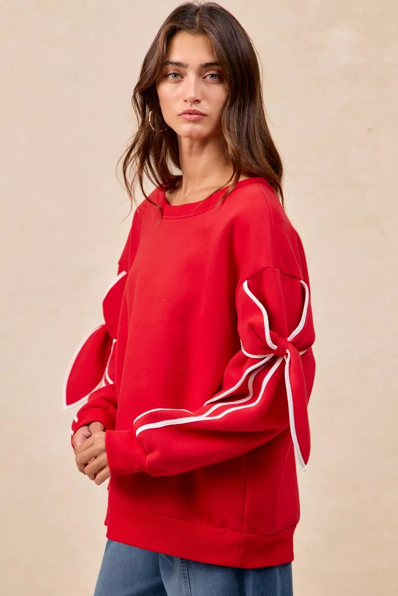 BiBi Bow Detail Sleeves Fleece Sweatshirt - Trendsi | Lola Mariee