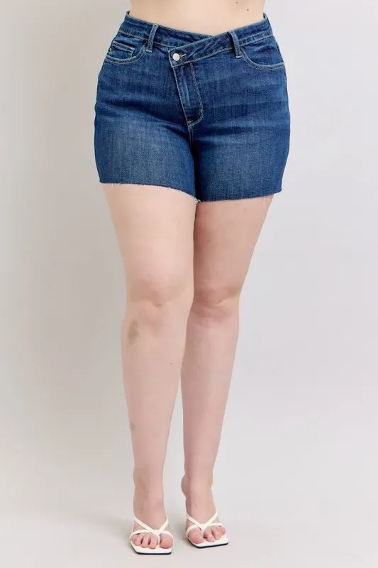 Judy Blue Plus Size High Waist Criss-Cross Waistband Denim Shorts - women's bottoms at Lola Mariee boutique