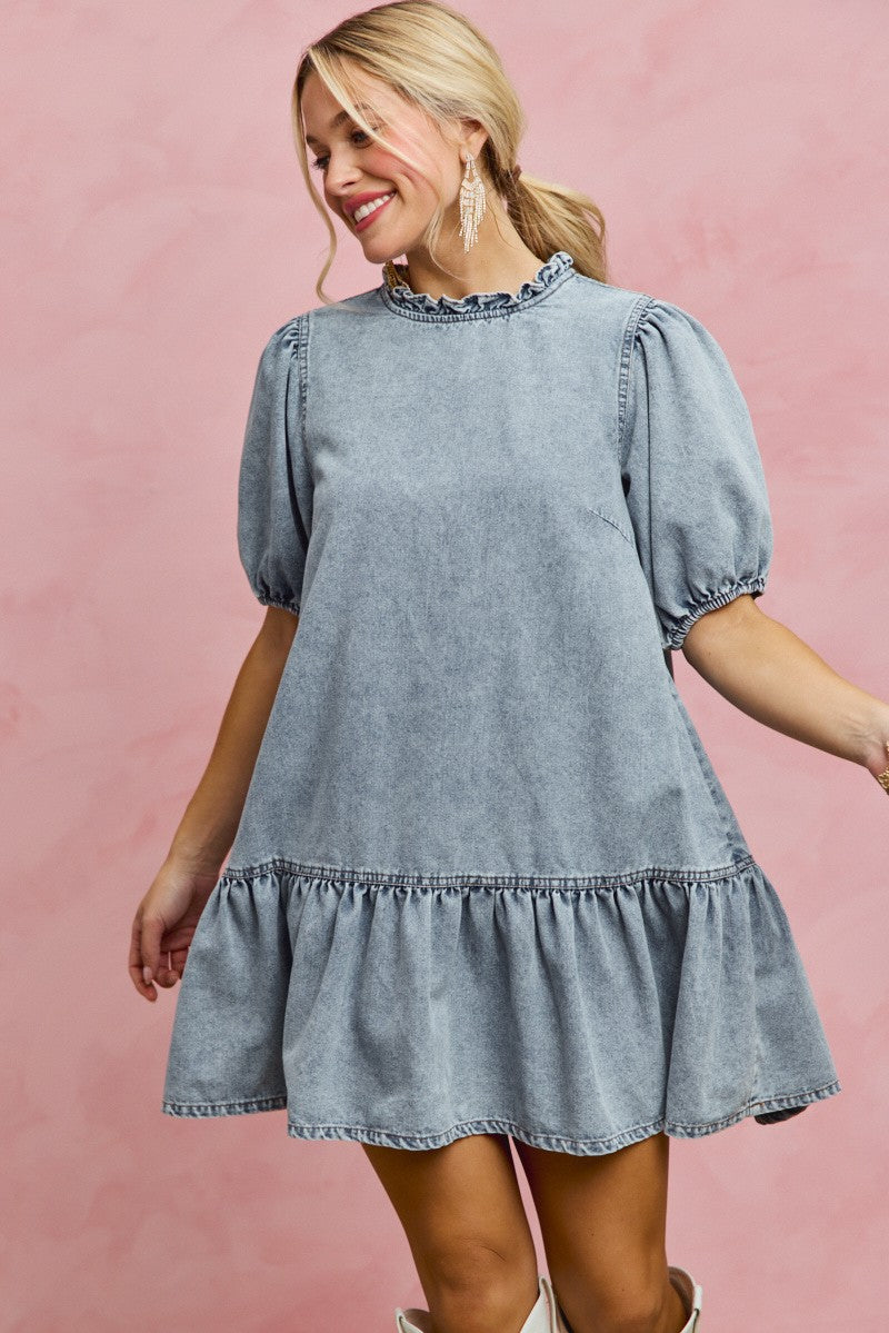 SO ME Denim Short Sleeves Mini Tiered Dress - Trendsi | Lola Mariee