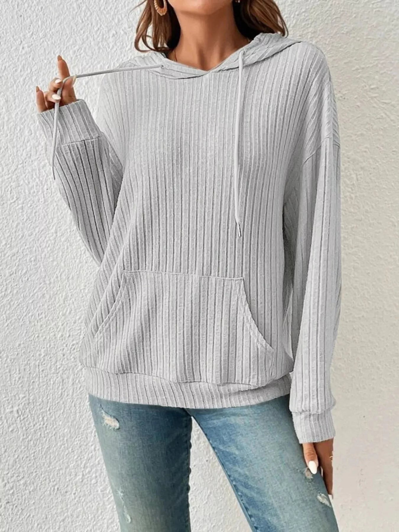 Casual Ribbed Knit Drawstring Hoodie - Trendsi | Lola Mariee