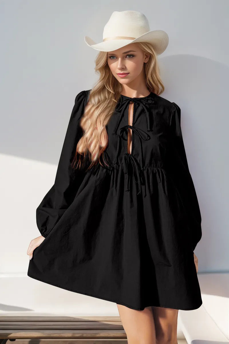 Double Take Christmas Front Tied Long Sleeve Mini Dress – view 3 | Lola Mariee