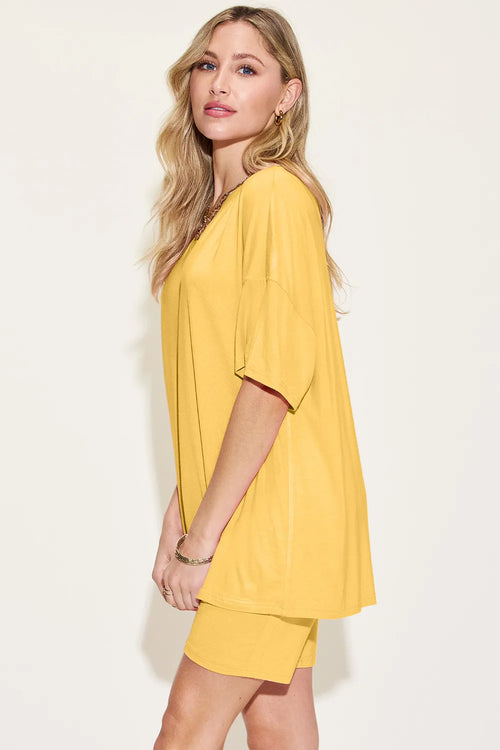 Basic Bae Bamboo Full Size V-Neck Drop Shoulder T-Shirt and Shorts Set – view 2 | Lola Mariee