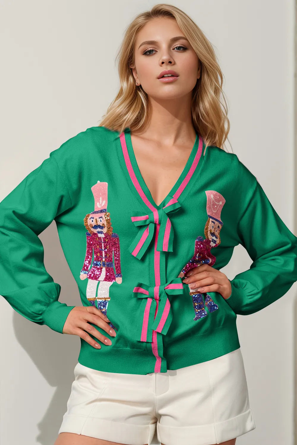 Double Take Full Size Nutcracker Sequin Bow Decor Cardigan – view 5 | Lola Mariee