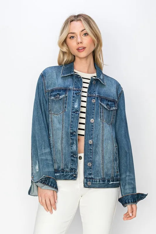 RISEN Full Size Distressed Button Up Jacket - LOLA MARIEE | Lola Mariee