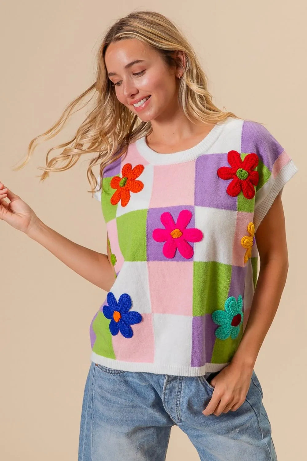 BiBi Flower Patch Checkered Sweater Vest - Trendsi | Lola Mariee