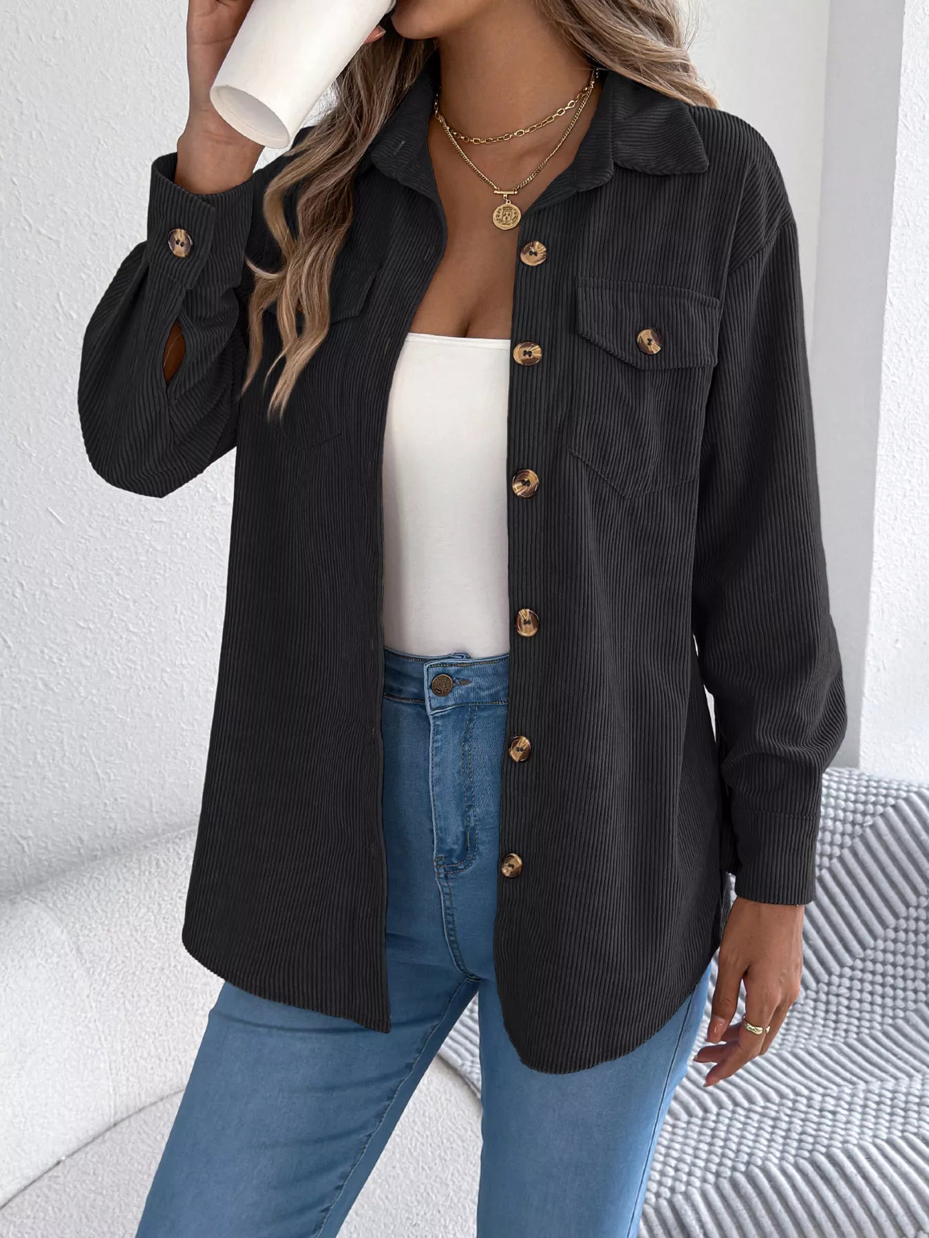 Casual Corduroy Button-Up Shacket – view 6 | Lola Mariee