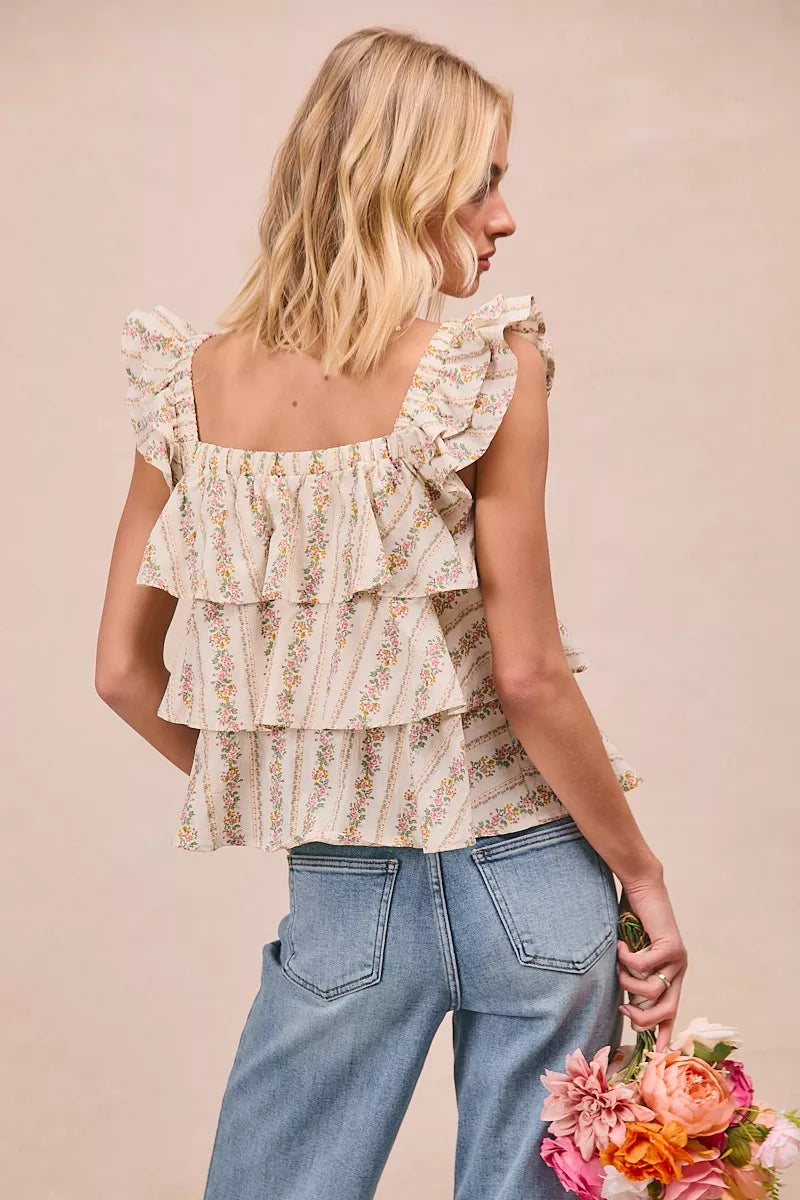 BiBi Floral Printed Woven Front Bow Tied Ruffled Square Neck Sleeveless Top - Trendsi | Lola Mariee