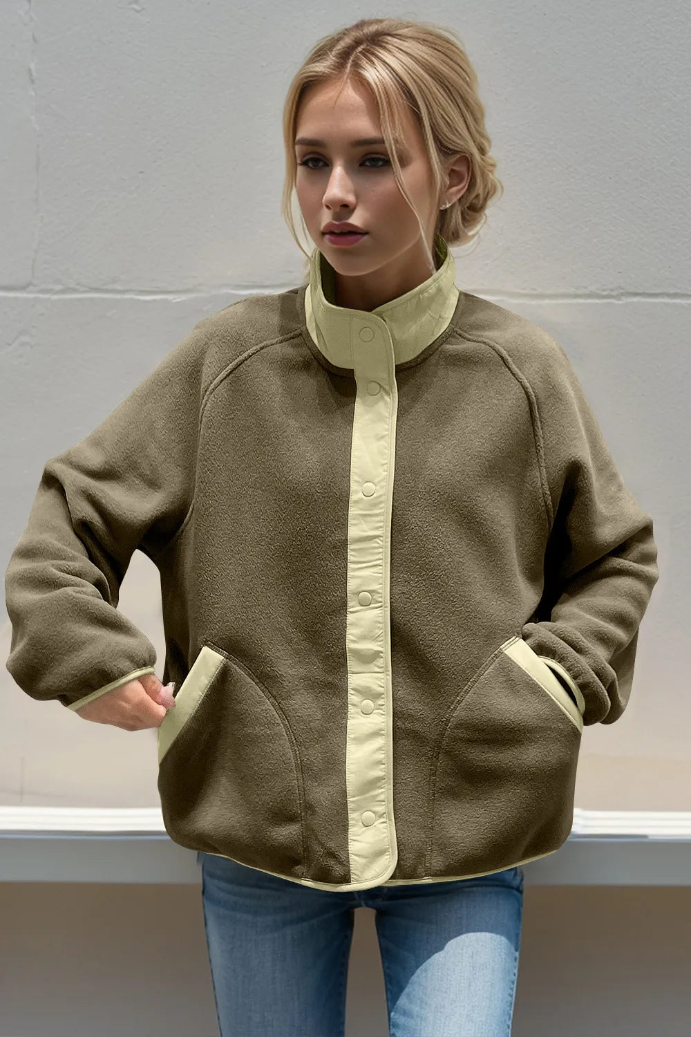 Double Take Snap Down Contrast Fleece Jacket with Pockets – view 8 | Lola Mariee