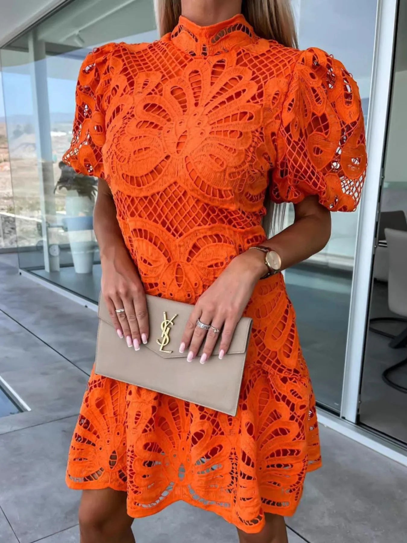 Lace Mock Neck Puff Sleeve Dress – view 9 | Lola Mariee