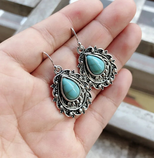 Artificial Turquoise Alloy Teardrop Dangle Earrings – view 2 | Lola Mariee