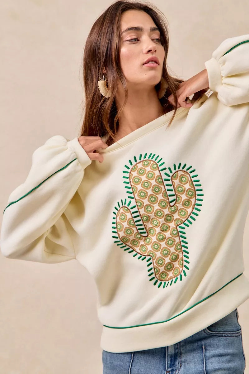 BiBi Cactus Embroidered Fleece Sweatshirt - Trendsi | Lola Mariee
