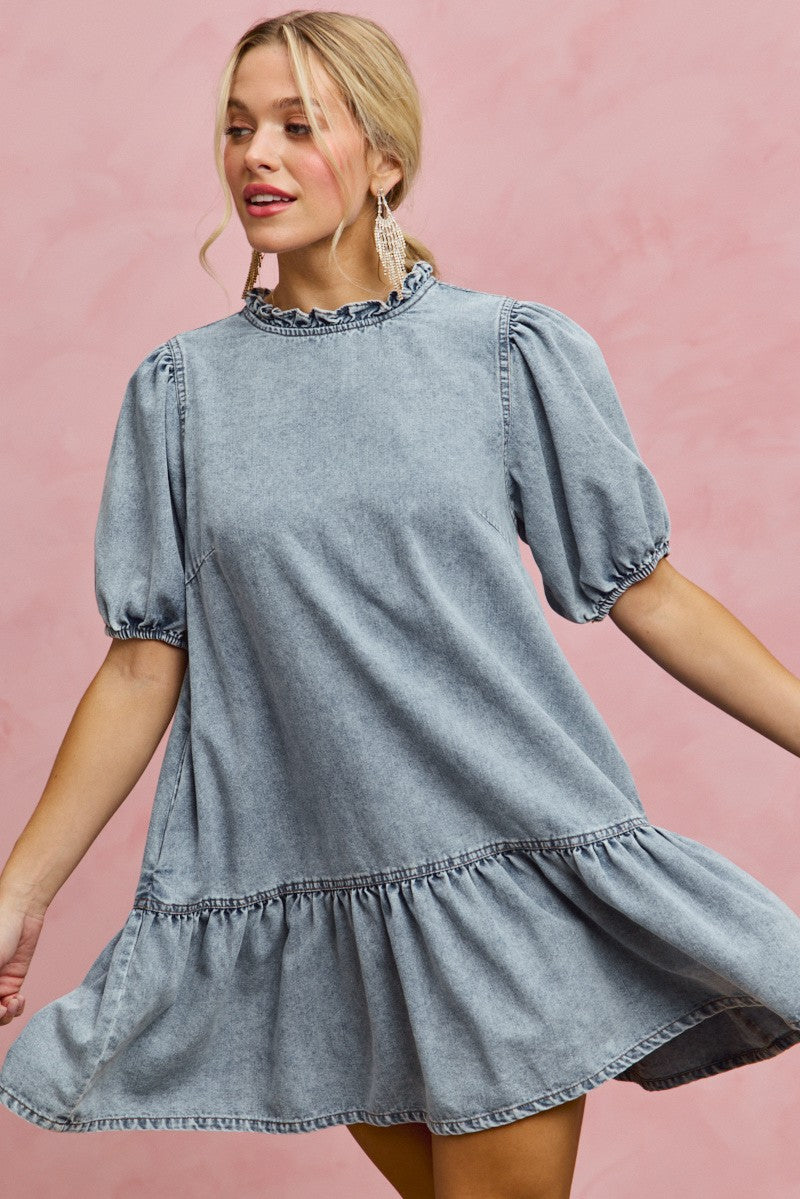 SO ME Denim Short Sleeves Mini Tiered Dress - Trendsi | Lola Mariee