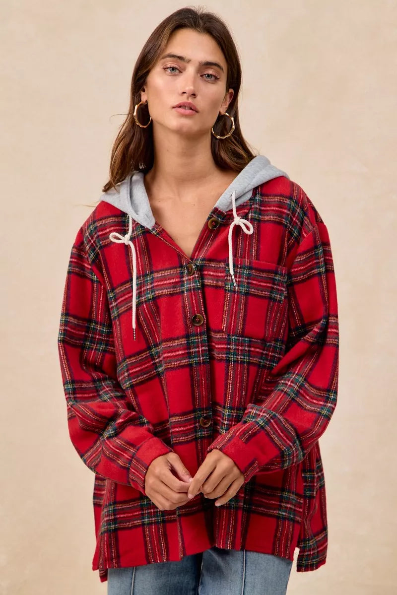 BiBi Brushed Plaid Hooded Jacket - Trendsi | Lola Mariee
