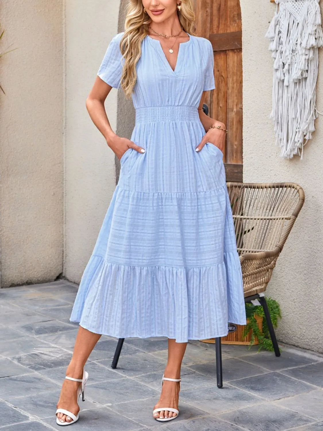 Tiered Notched Short Sleeve Dress – view 4 | Lola Mariee